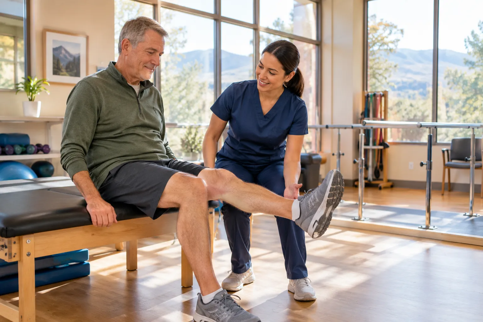 Physical therapist helping a senior with limited mobility in a nursing home gym